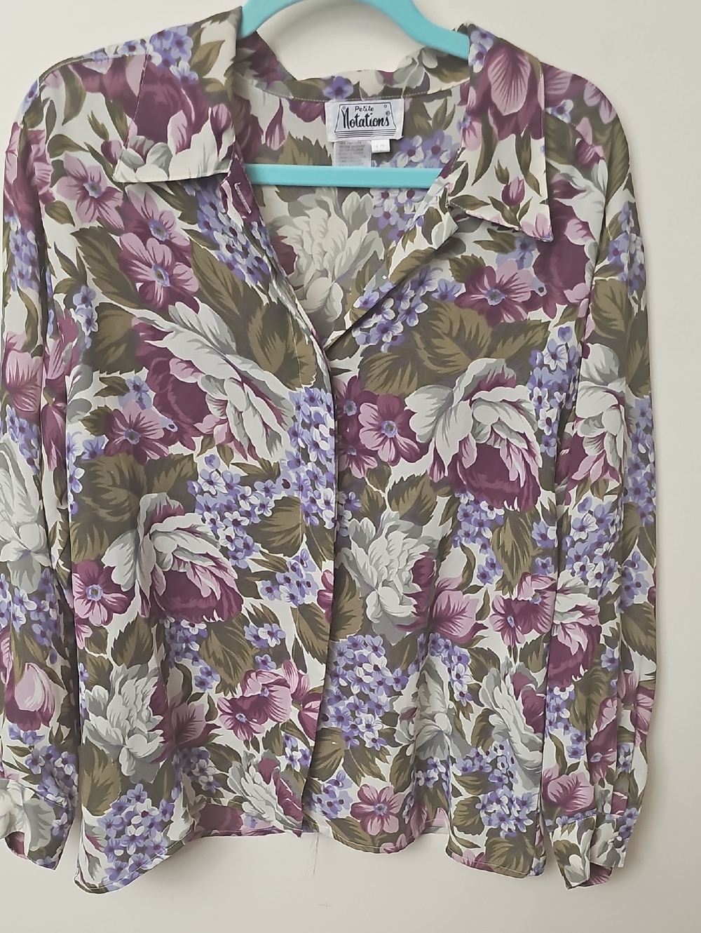 Notations Floral Button Front Blouse Size 12 Petite Purple Olive Long Sleeve Top